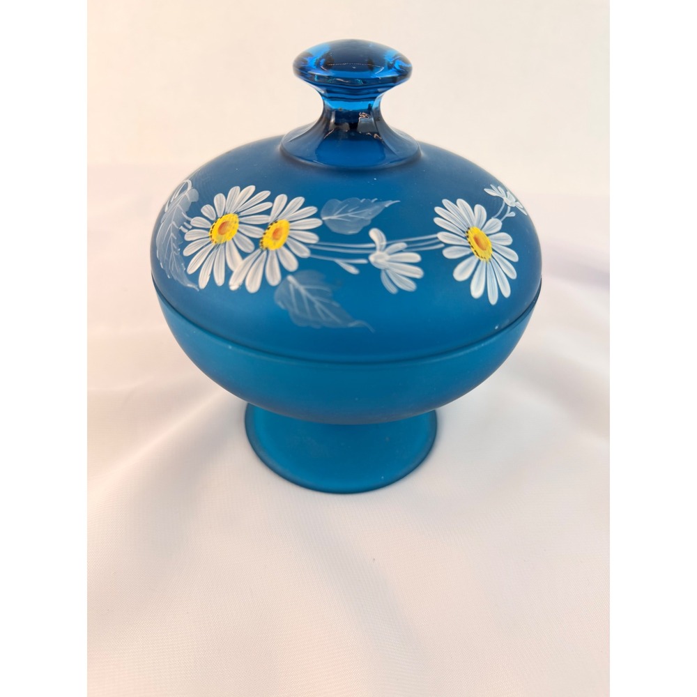 Westmoreland Blue Satin Glass Hand Painted Daisy Pedestal Candy Dish with Lid